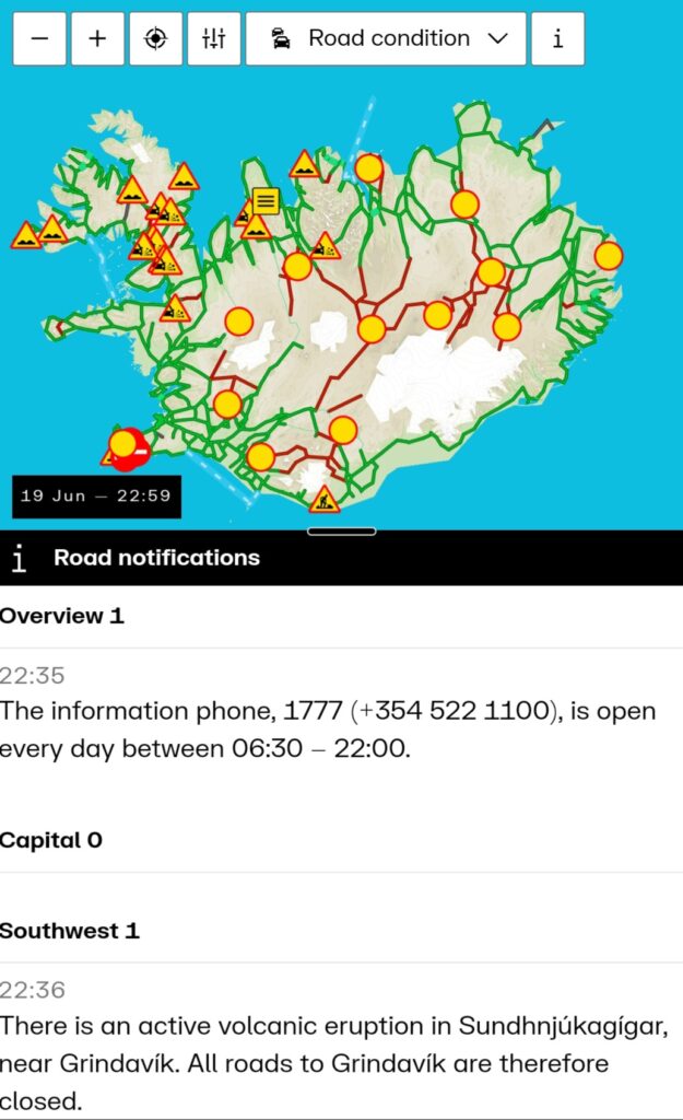 A screenshot from road.is serving as an example of the road conditions map throughout Iceland. Further information is available in a tab below the map too.