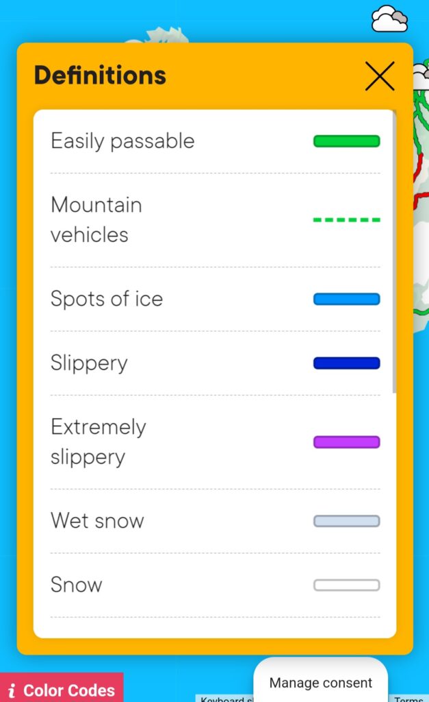 A screenshot showing the colour codes for the safetravel.is road conditions map. The code is very clear and easy to follow with the colours shown on the actual map.